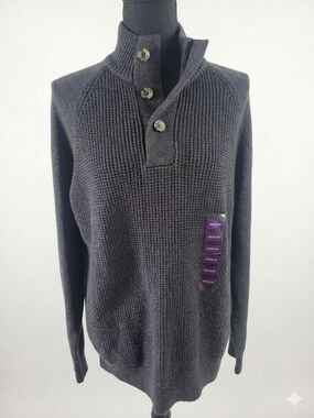 Weatherproof Men's Charcoal Button-Neck Crew Sweater